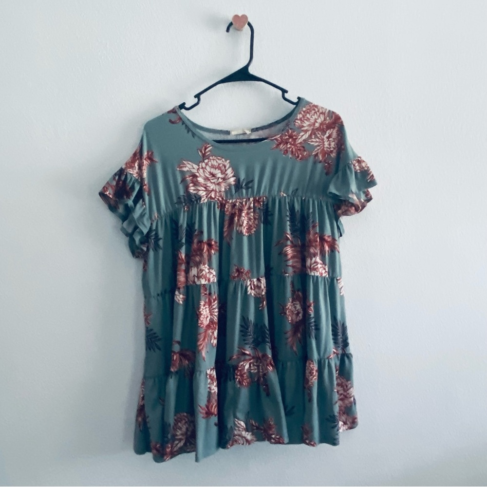 Entro teal ruffle floral blouse